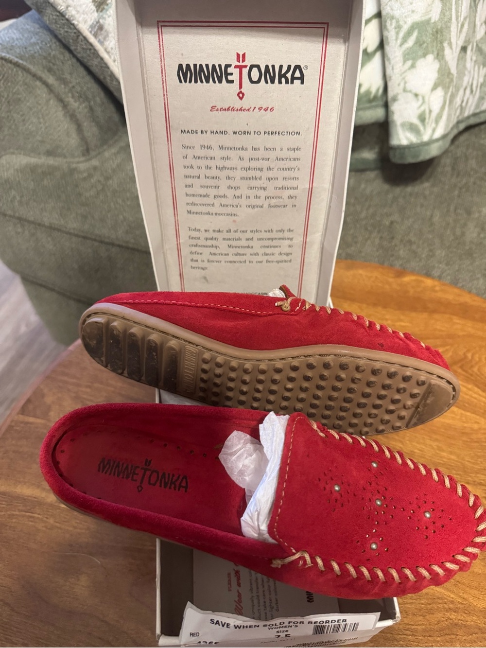 Minnetonka Red Suede Women's Moccasins with Whipstitch Trim
